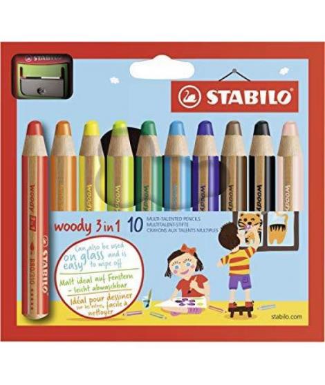 Stabilo Woddy 3 en 1 Pack de 10 Lapices de Colores + Sacapuntas - Lapiz de Color, Cera y Acuarela, Todo en Uno - Mina XXL 10mm -