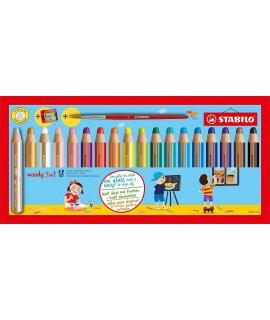 Stabilo Woddy 3 en 1 Pack de 18 Lapices de Colores + Sacapuntas + Pincel Nº 8 - Lapiz de Color, Cera y Acuarela, Todo en Uno - M