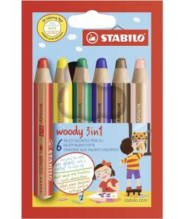 Stabilo Woody 3 en 1 Pack de 6 Lapices de Colores - Lapiz de Color, Cera y Acuarela, Todo en Uno - Mina XXL 10mm - Colores Surti