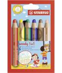 Stabilo Woody 3 en 1 Pack de 6 Lapices de Colores - Lapiz de Color, Cera y Acuarela, Todo en Uno - Mina XXL 10mm - Colores Surti