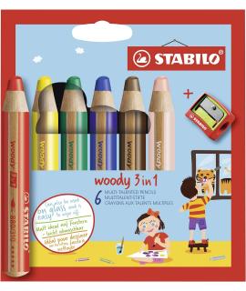 Stabilo Woody 3 en 1 Pack de 6 Lapices de Colores + Sacapuntas - Lapiz de Color, Cera y Acuarela, Todo en Uno - Mina XXL 10mm - 