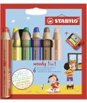 Stabilo Woody 3 en 1 Pack de 6 Lapices de Colores + Sacapuntas - Lapiz de Color, Cera y Acuarela, Todo en Uno - Mina XXL 10mm - 