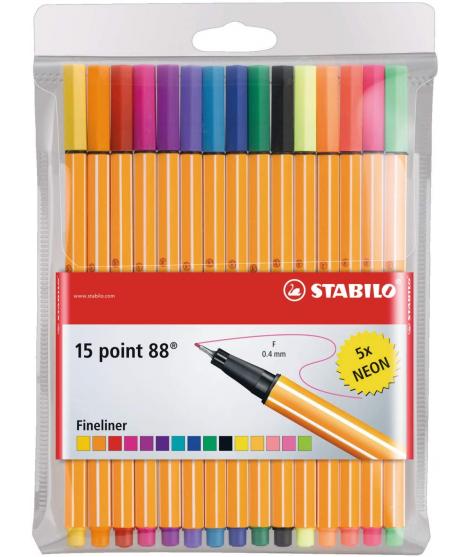 Stabilo Point 88 Pack de 15 Rotuladores de Punta Fina de Fibra - Trazo de 0.4 mm - Tinta con Base de Agua - 10 Colores