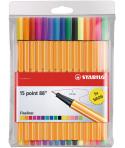 Stabilo Point 88 Pack de 15 Rotuladores de Punta Fina de Fibra - Trazo de 0.4 mm - Tinta con Base de Agua - 10 Colores Surtidos 