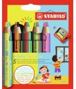 Stabilo Woddy 3 en 1 Duo Pack de 5 Lapices de Colores + Sacapuntas - Mina 2 Colores XXL 10mm - Lapiz de Color, Cera Acuarela, T