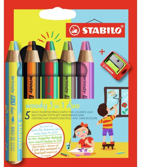 Stabilo Woddy 3 en 1 Duo Pack de 5 Lapices de Colores + Sacapuntas - Mina 2 Colores XXL 10mm - Lapiz de Color, Cera Acuarela, T