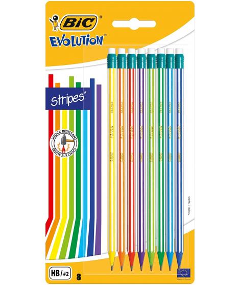 Bic Evolution Stripes Pack de 8 Lapices de Grafito Hexagonales con Goma de Borrar - Mina HB Ultraresistente - Fabricados en Resi