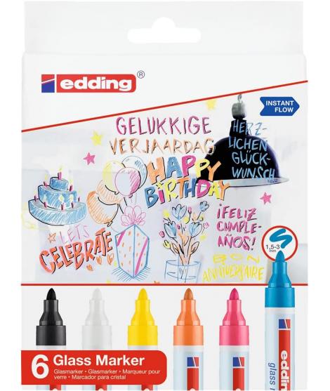 Edding 95 Pack de 6 Rotuladores de Tiza Liquida - Punta Redonda - Trazo 1.5-3mm - Colores Blanco, Amarillo, Negro, Naranja, Rosa