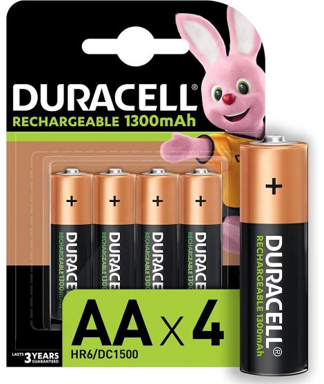 Duracell Pilas Recargables NiHM AA LR6 1.2V 1300mAh - Precargadas - 4 Unidades