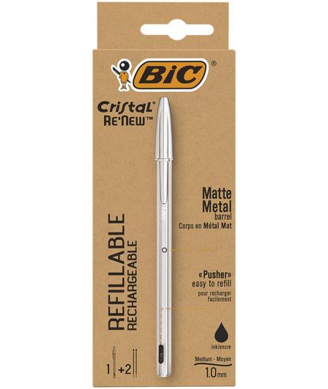 Bic Cristal Re´new Pack de Boligrafo Recargable de Bola + 2 Recambios - Punta Redonda de 1.0mm - Trazo 0.32mm - Tinta con Base d