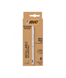 Bic Cristal Re´new Pack de Boligrafo Recargable de Bola + 2 Recambios - Punta Redonda de 1.0mm - Trazo 0.32mm - Tinta con Base d