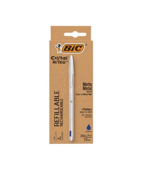 Bic Cristal Re´new Pack de Boligrafo Recargable de Bola + 2 Recambios - Punta Redonda de 1.0mm - Trazo 0.32mm - Tinta con Base d