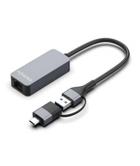 Aisens Conversor USB3.2 Gen1 USB-A+USB-C a Ethernet 2.5G 10/100/1000/2500 MBPS - 15cm - Color Gris