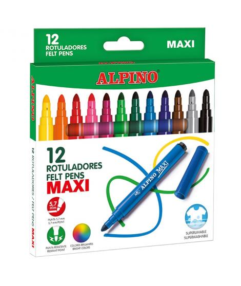 Alpino Pack de 12 Rotuladores Gruesos Maxi - Punta de 6mm - Superlavables, Resistentes, Duraderos y de Colores Brillantes - Idea