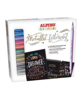 Alpino Color Experience Kit de Iniciacion al Lettering con 12 Rotuladores Metalicos de Doble Punta, Punta Fina y Punta Pincel