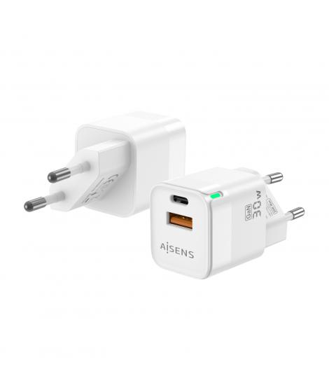 Aisens Cargador GAN 30W - 1xUSB-C PD3.0 QC4.0 - 1xUSB-A QC3.0 -Color Blanco