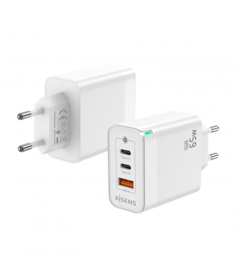 Aisens Cargador GAN 65W - 2xUSB-C PD3.0 QC4.0 - 1xUSB-A QC3.0 - Color Blanco