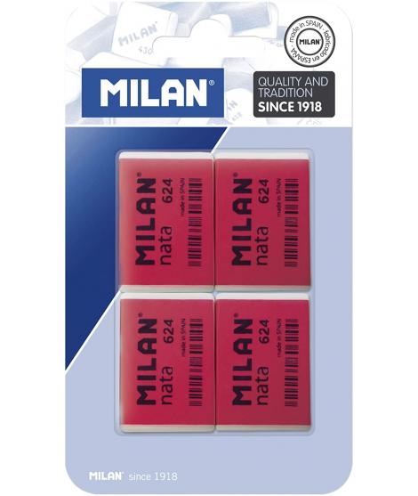 Milan Nata 624 Pack de 4 Gomas de Borrar Rectangulares - Plastico - Suave - No Abrasiva - Color Rojo/Blanco