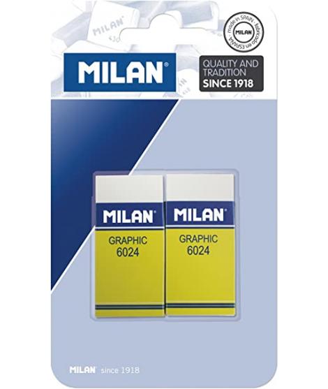 Milan Nata 6024 Graphic Pack de 2 Gomas de Borrar Rectangulares - Plastico - Faja de Carton Amarilla - No daña el Papel - Color 