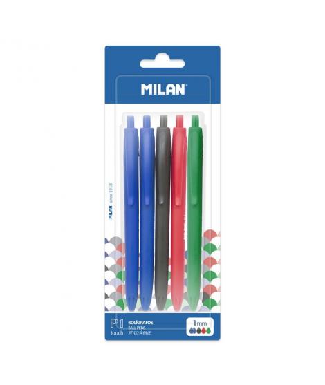 Milan P1 Touch Pack de 5 Boligrafos de Bola Retractiles - Punta Redonda 1mm - Tinta con Base de Aceite - Escritura Suave - 1.200