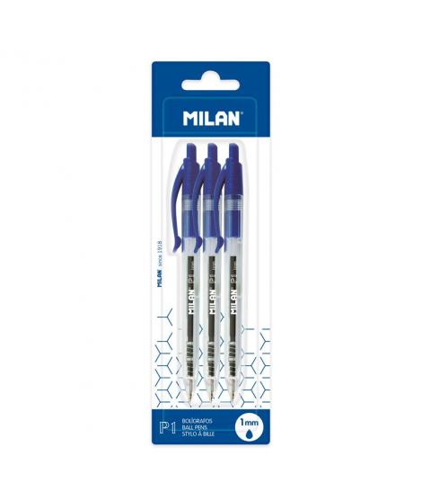 Milan P1 Pack de 3 Boligrafos de Bola Retractiles - Punta Redonda 1mm - Cuerpo Transparente - Color Azul