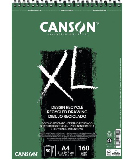 Canson XL Recycled Bloc de Dibujo con 50 Hojas A4 - Espiral Microperforado - Grano Fino - 160g - Color Blanco