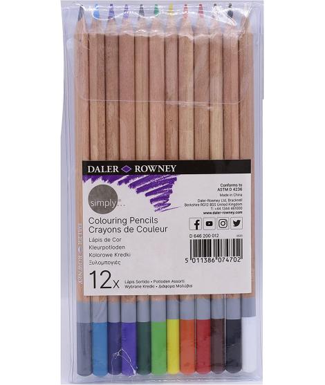 Daler Rowney Simply Pack de 12 Lapices de Colores Redondos - Facil de Afilar - Para Estudiantes y Uso Domestico - Colores Surtid