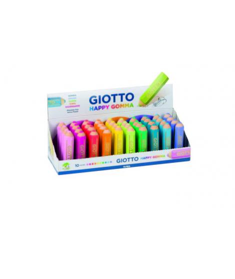 Giotto Happy Gomma Expositor de 40 Gomas de Borrar - Forma de Lapiz - Para Borrar Grafito - 10 Colores Fluo