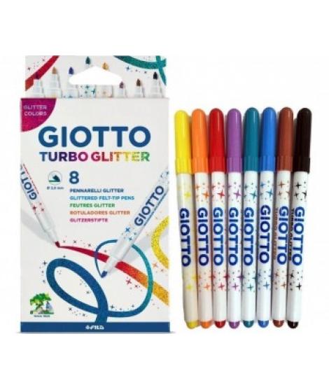 Giotto Turbo Glitter Pack de 8 Rotuladores - Punta Fina 2.8mm - Tinta al Agua - Lavable - Colores Surtidos