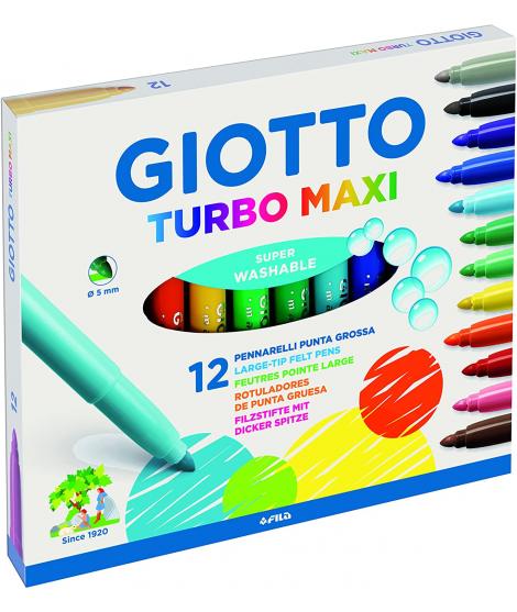 Giotto Turbo Maxi Pack de 12 Rotuladores - Punta Gruesa  5mm - Tinta al Agua - Lavable - Colores Surtidos