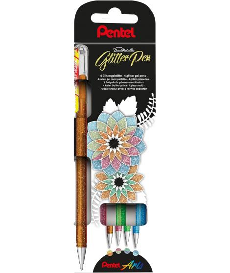 Pentel Hybrid Dual Metallic Pack de 4 Boligrafos de Bola con Tinta Gel Brillante - Punta 1mm - Trazo 0.5mm - Colores Brillantes 