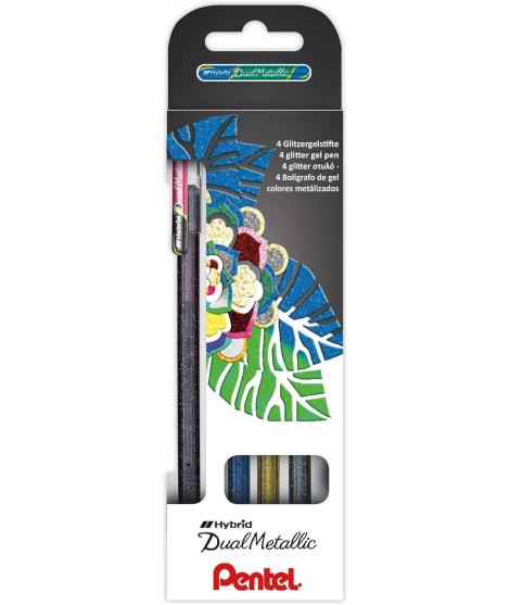 Pentel Hybrid Dual Metallic Pack de 4 Boligrafos de Bola con Tinta Gel Brillante - Punta 1mm - Trazo 0.5mm - Colores Brillantes 