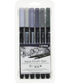 Lyra Aqua Brush Duo Pack 6 Rotuladores de Doble Punta - Trazos 1-5 y 1mm - Tinta Base de Agua - Colores Tonos Grises