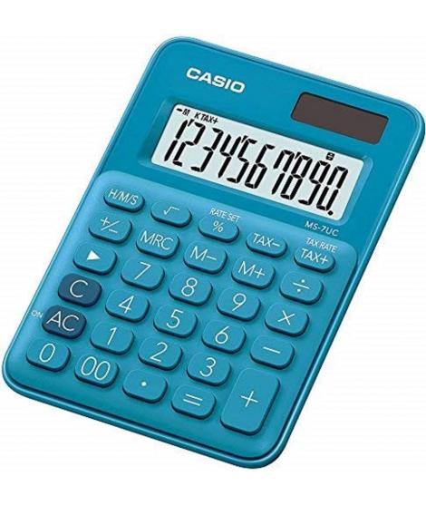 Casio MS-7UC Calculadora de Escritorio - Tecla Doble Cero - Pantalla LCD de 10 Digitos - Solar y Pilas - Color Azul