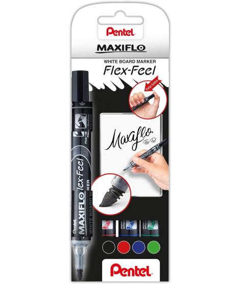 Pentel Maxiflo Flex-Feel Pack de 4 Rotuladores para Pizarra Blanca - Punta Flexible 4.6mm - Dosificacion de Tinta mediante Embol