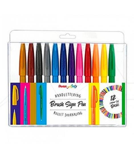 Pentel Brush Sing Pen Pack de 12 Rotuladores con Punta de Pincel - Lineas Finas o Gruesas dependiendo de la Presion - Fabricados