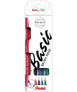 Pentel Brush Sing Pen Basic Pack de 4 Rotuladores con Punta de Pincel - Lineas Finas o Gruesas dependiendo de la Presion - Fabri