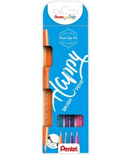 Pentel Brush Sing Pen Happy Pack de 4 Rotuladores con Punta de Pincel - Lineas Finas o Gruesas dependiendo de la Presion - Fabri