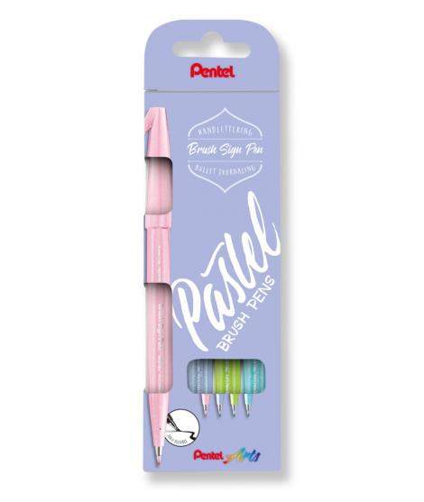 Pentel Brush Sing Pen Pastel Pack de 4 Rotuladores con Punta de Pincel - Lineas Finas o Gruesas dependiendo de la Presion - Fabr