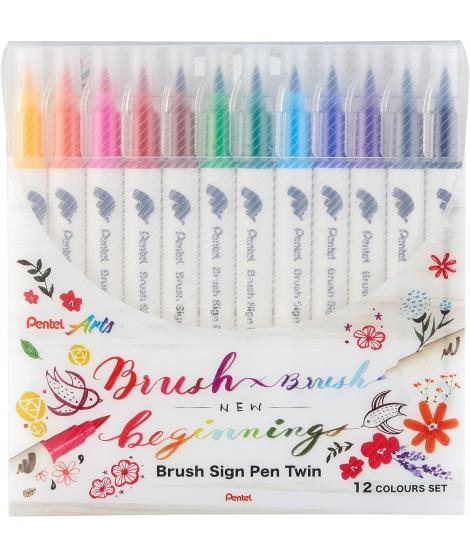 Pentel Brush Sing Pen Twin Pack de 12 Rotuladores con Doble Punta de Pincel Flexible - Punta Ancha 1-4mm, Punta Fina 0,2-2mm - C