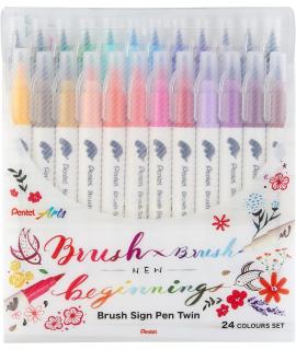 Pentel Brush Sing Pen Twin Pack de 24 Rotuladores con Doble Punta de Pincel Flexible - Punta Ancha 1-4mm, Punta Fina 0,2-2mm - C