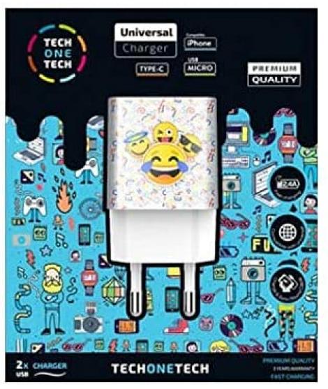 TechOneTech Emojitech Smile Cargador Doble de Pared USB-A - Alto Rendimiento