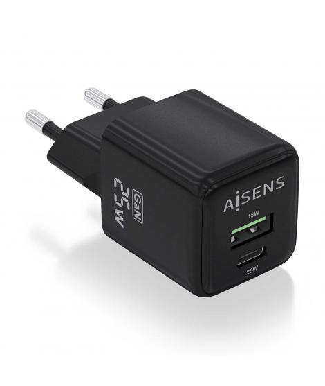 Aisens Cargador Gan 25W - 1xUSB-C PD3.0 QC4.0 - 1xUSB-A QC3.0 - Color Negro