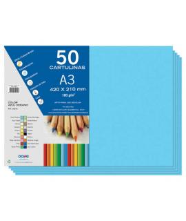 Dohe Pack de 50 Cartulinas A3 - Gramaje de 180g - Libres de Cloro - Colorantes Biodegradables - Color Azul Oceano