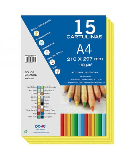 Dohe Paquete de 15 Hojas de Cartulinas A4 - 210x297mm - Gramaje de 180 G/M² - Colores Surtidos