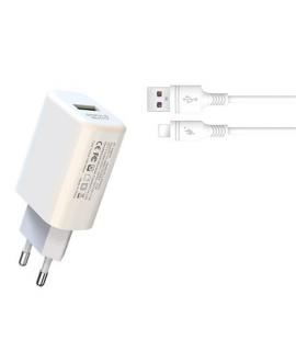 XO L85D Cargador de Corriente 18W + Cable Lightning - Carga Rapida - Proteccion Sobretensiones - Color Blanco