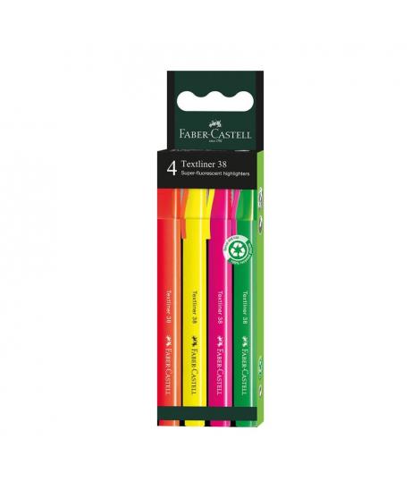 Faber-Castell Textliner 38 Pack de 4 Marcadores Fluorescentes - Cuerpo Fino - Punta Biselada - Trazo Grueso y Fino - Tinta con B