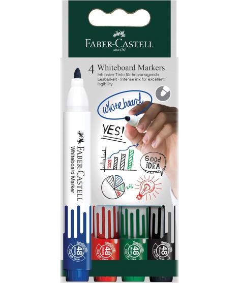 Faber-Castell W20 Pack de 4 Rotuladores para Pizarra Blanca - Punta de Bala - Ancho de Linea 2,25mm - Borrado en Seco - Colores 