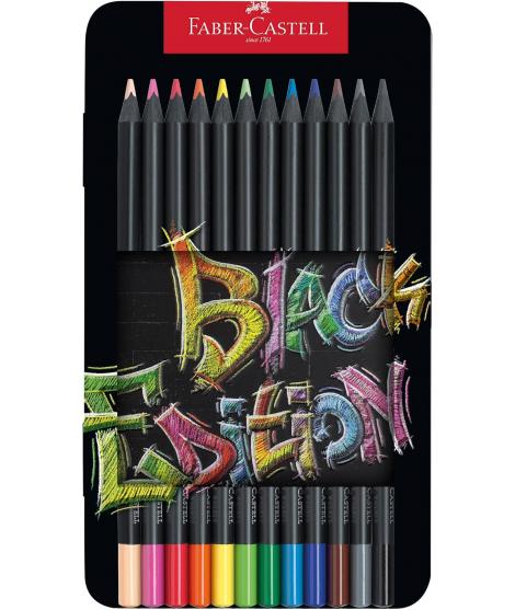 Faber-Castell Black Edition Caja Metalica de 12 Lapices de Colores - Mina Supersuave - Madera Negra - Ideales para Dibujo sobre 