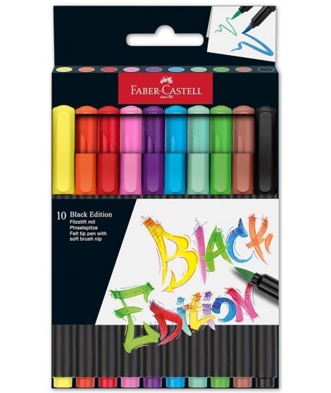 Faber-Castell Black Edition Pack de 10 Rotuladores Punta Pincel - Tinta a Base de Colorantes Alimentarios - Colores Surtidos